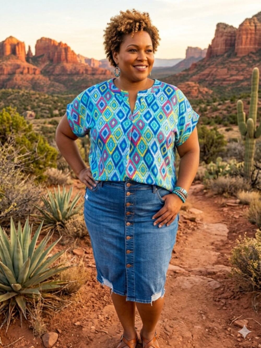Dear Scarlett - Southwestern Print Lizzy Short Sleeve Tab Top - 2X